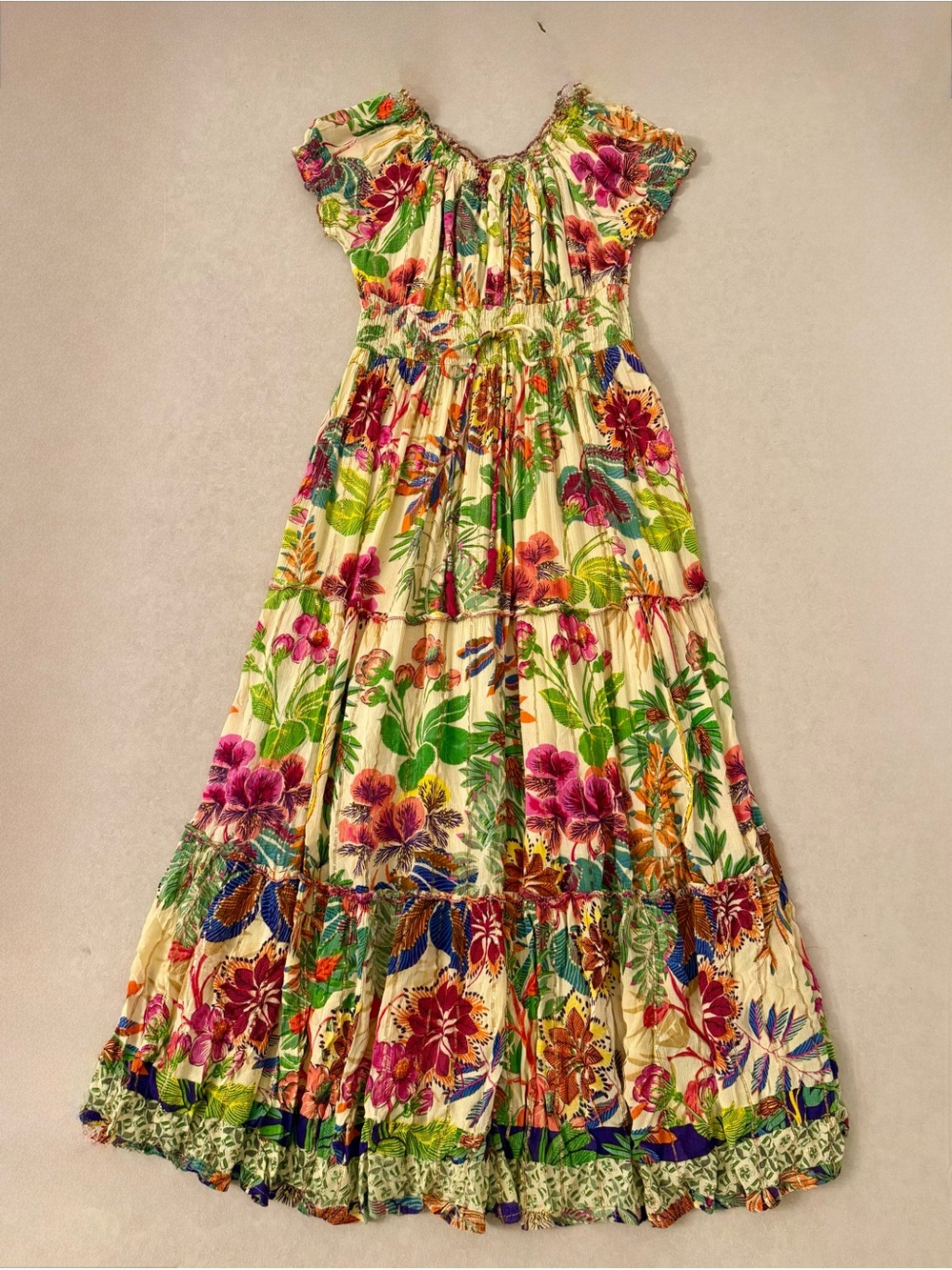 Me 2 Magic Floral Gold Tiered Boho Tropical Maxi Sundress Viscose Cotton Lined M
